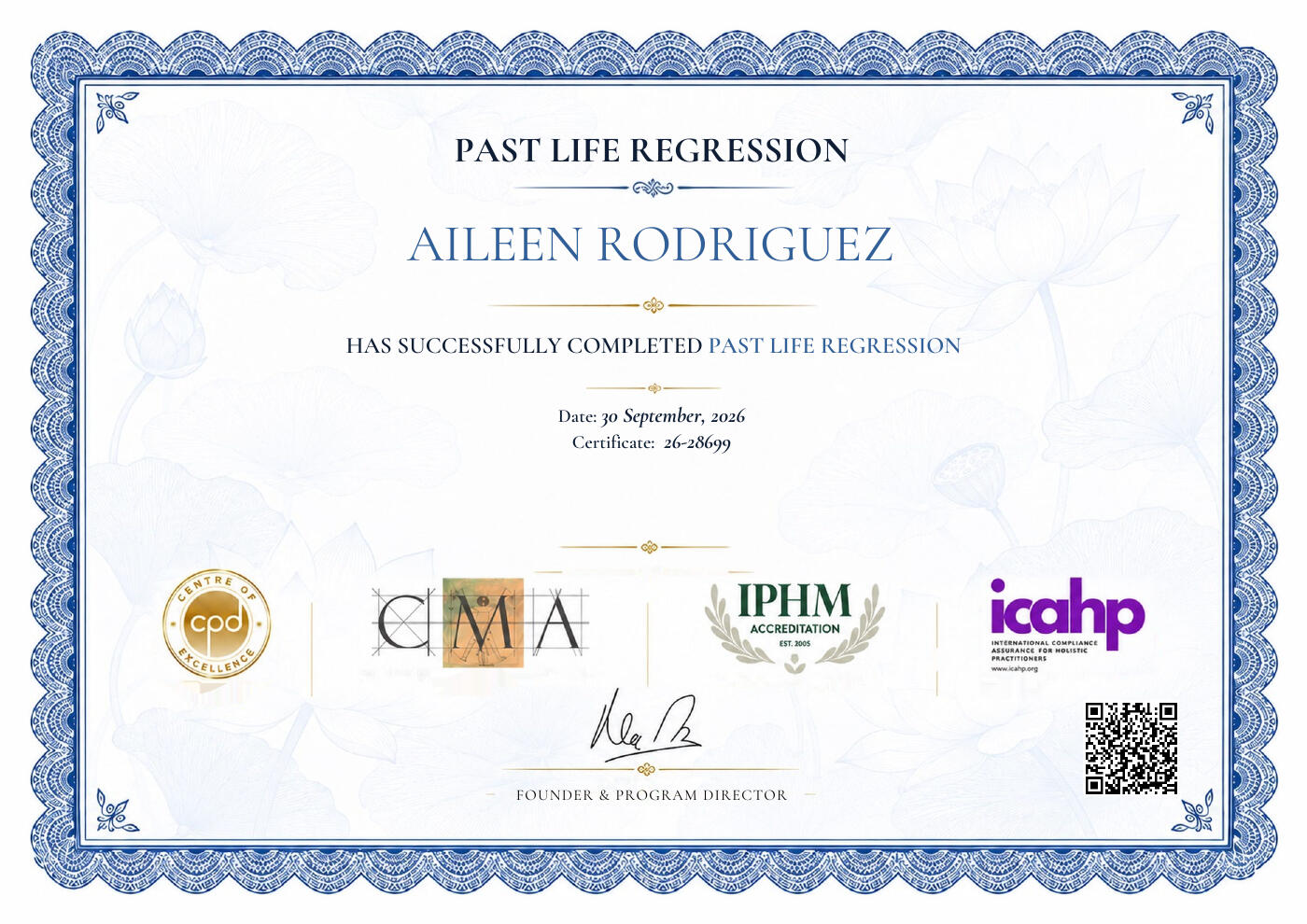 Past Life Regression certificate of completion for Aileen Rodriguez, dated September 30, 2026.